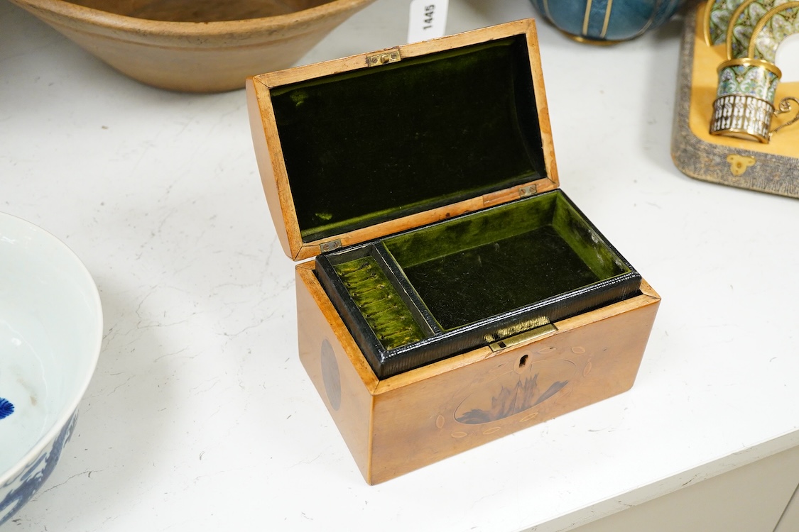 A 19th century domed sycamore and yew wood panelled jewellery box, possibly Scottish, 20cm wide